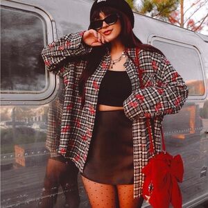 BDG Dani Black & White Plaid Button-Up Shacket bows size medium